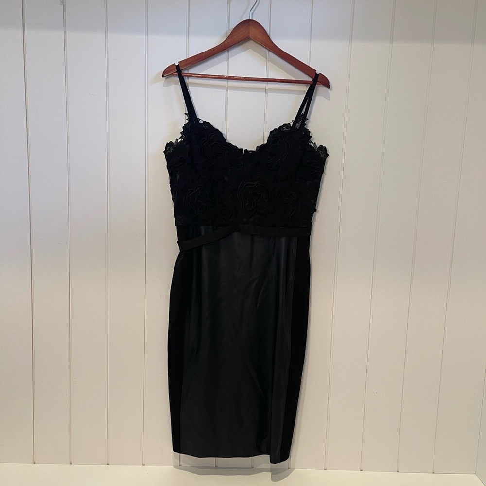 Catherine Deane London Black Lace Bodice Dress Faux Leather Skirt Size 12